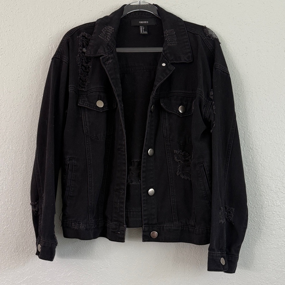 Forever 21 Distressed Black Denim Jacket